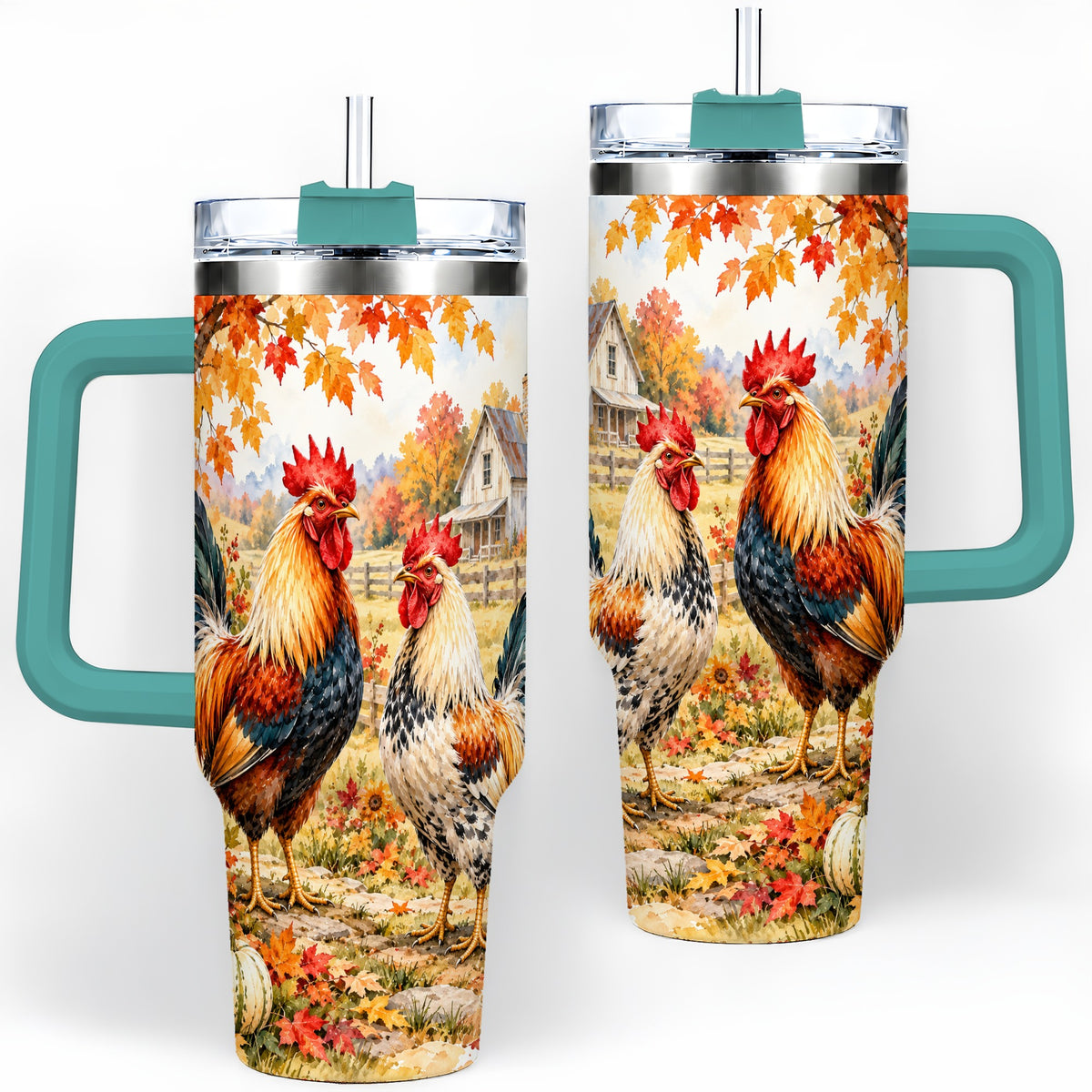 #pl[40oz|Green] Autumn Rooster 40oz Tumbler with Farmhouse Pumpkin and Fall Leaf Artwork