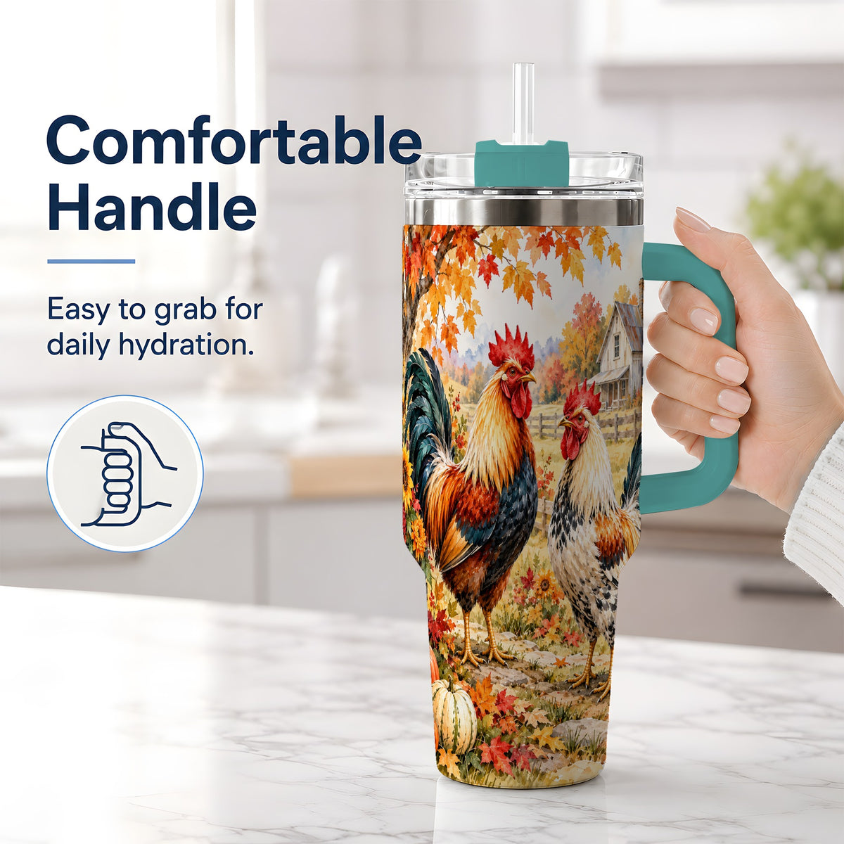 #pl[40oz|Green] Autumn Rooster 40oz Tumbler with Farmhouse Pumpkin and Fall Leaf Artwork