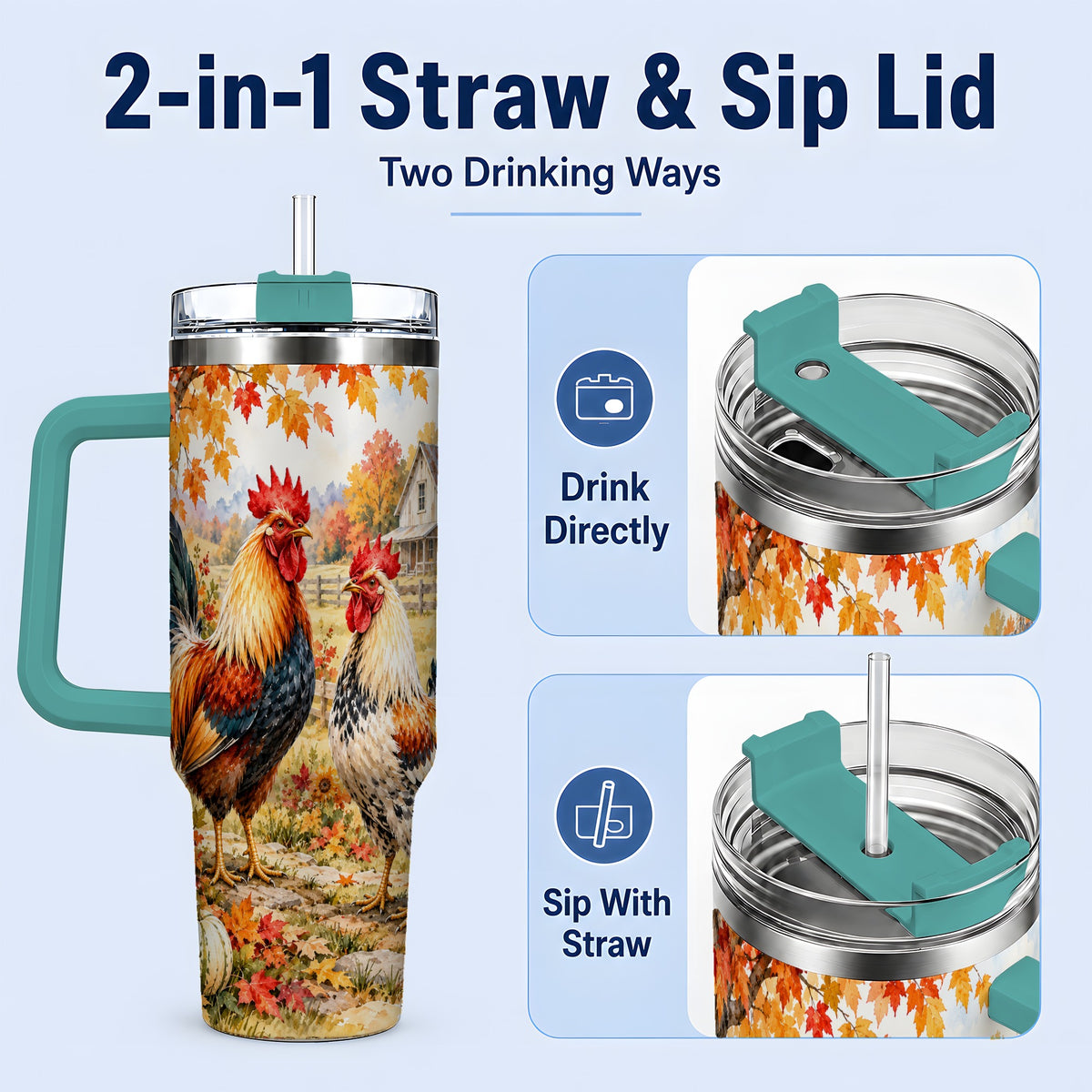 #pl[40oz|Green] Autumn Rooster 40oz Tumbler with Farmhouse Pumpkin and Fall Leaf Artwork