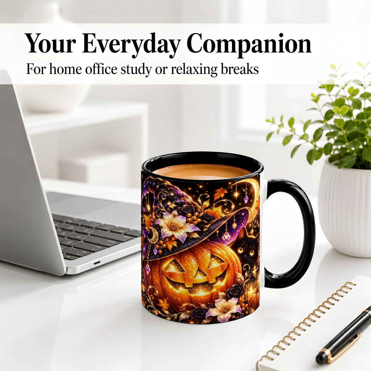 #pl[11oz|Black] Halloween Cat Ceramic Mug with Pumpkin, Witch Hat and Moon Artwork