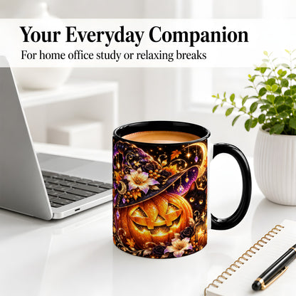#pl[11oz|Black] Halloween Cat Ceramic Mug with Pumpkin, Witch Hat and Moon Artwork