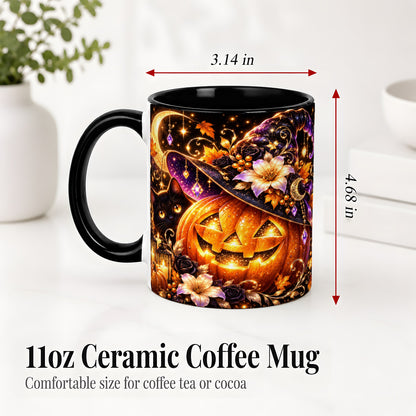 #pl[11oz|Black] Halloween Cat Ceramic Mug with Pumpkin, Witch Hat and Moon Artwork