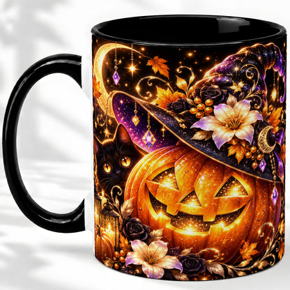 #pl[11oz|Black] Halloween Cat Ceramic Mug with Pumpkin, Witch Hat and Moon Artwork