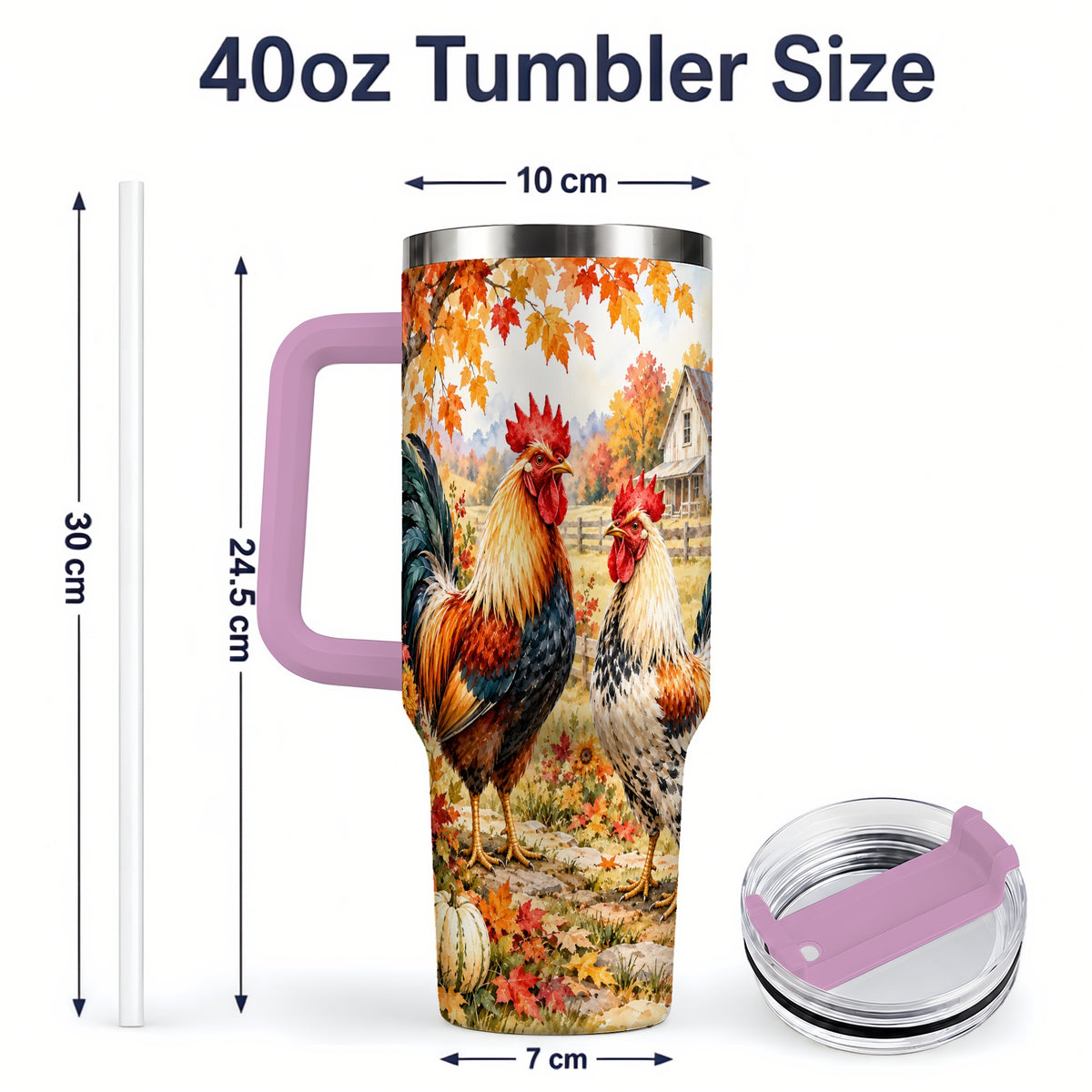 #pl[40oz|Pink] Autumn Rooster 40oz Tumbler with Farmhouse Pumpkin and Fall Leaf Artwork