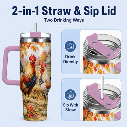 #pl[40oz|Pink] Autumn Rooster 40oz Tumbler with Farmhouse Pumpkin and Fall Leaf Artwork