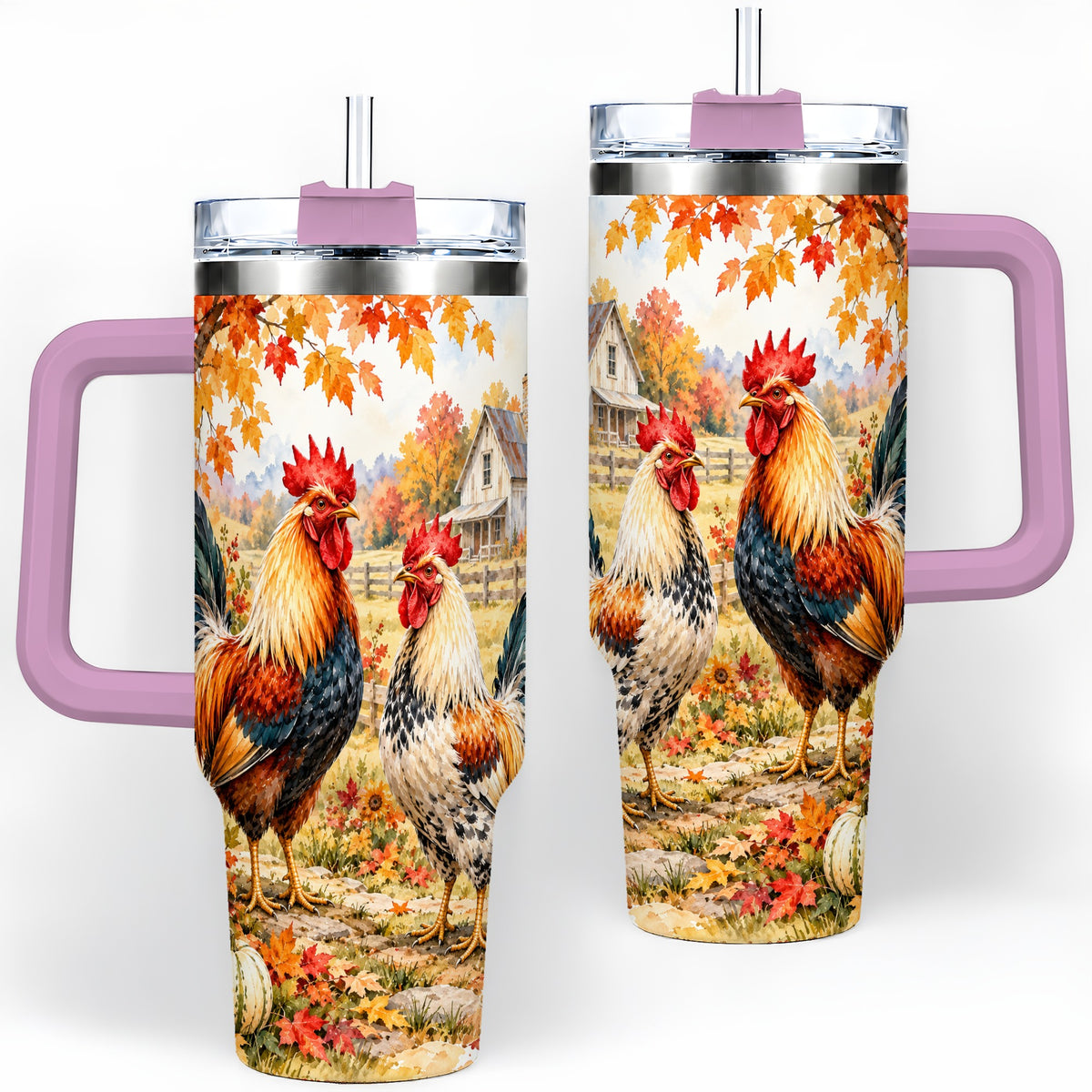 #pl[40oz|Pink] Autumn Rooster 40oz Tumbler with Farmhouse Pumpkin and Fall Leaf Artwork
