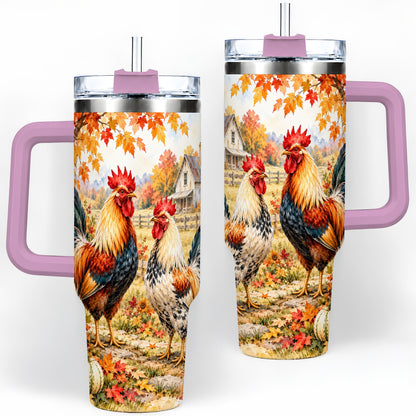 #pl[40oz|Pink] Autumn Rooster 40oz Tumbler with Farmhouse Pumpkin and Fall Leaf Artwork