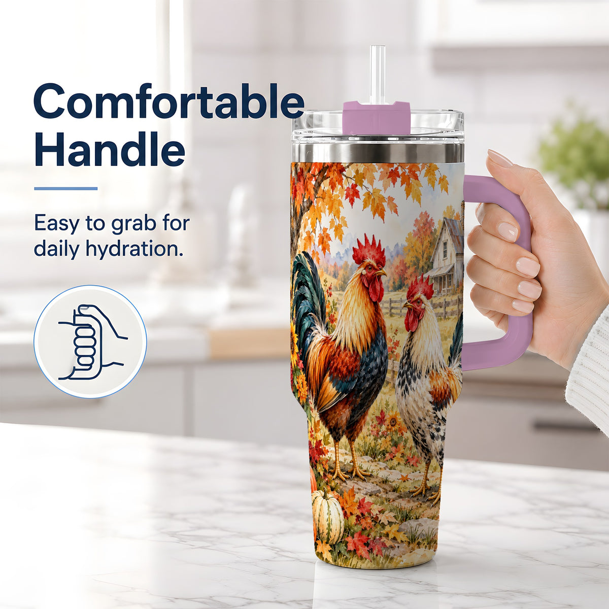 #pl[40oz|Pink] Autumn Rooster 40oz Tumbler with Farmhouse Pumpkin and Fall Leaf Artwork