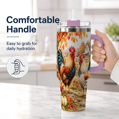 #pl[40oz|Pink] Autumn Rooster 40oz Tumbler with Farmhouse Pumpkin and Fall Leaf Artwork