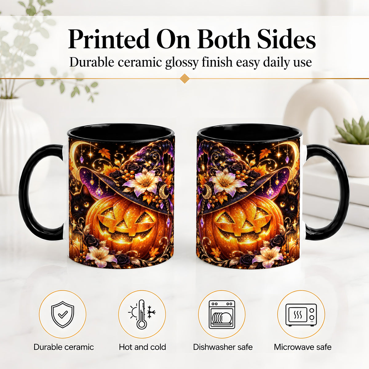 #pl[11oz|Black] Halloween Cat Ceramic Mug with Pumpkin, Witch Hat and Moon Artwork