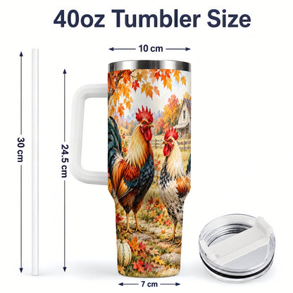 #pl[40oz|White] Autumn Rooster 40oz Tumbler with Farmhouse Pumpkin and Fall Leaf Artwork