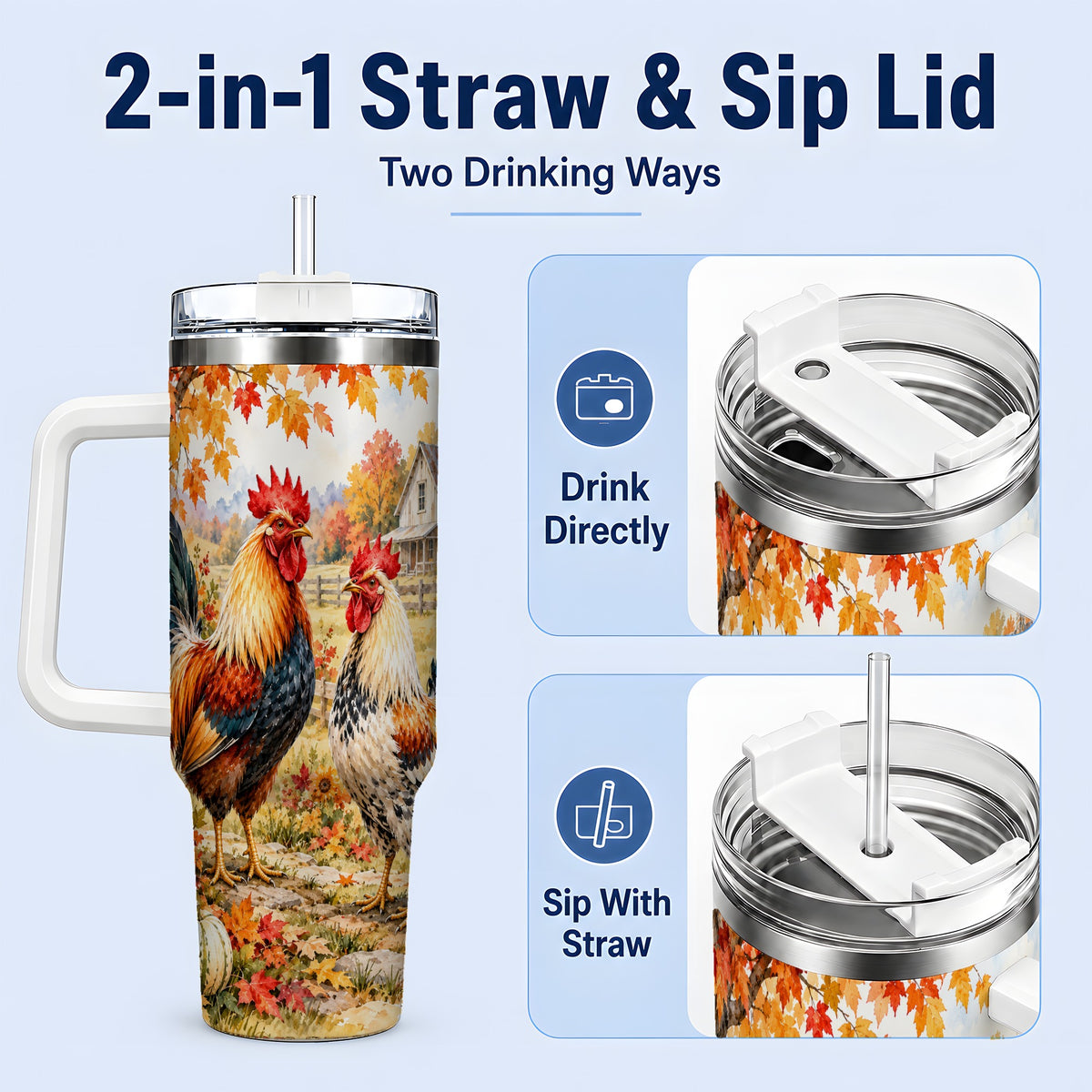 #pl[40oz|White] Autumn Rooster 40oz Tumbler with Farmhouse Pumpkin and Fall Leaf Artwork