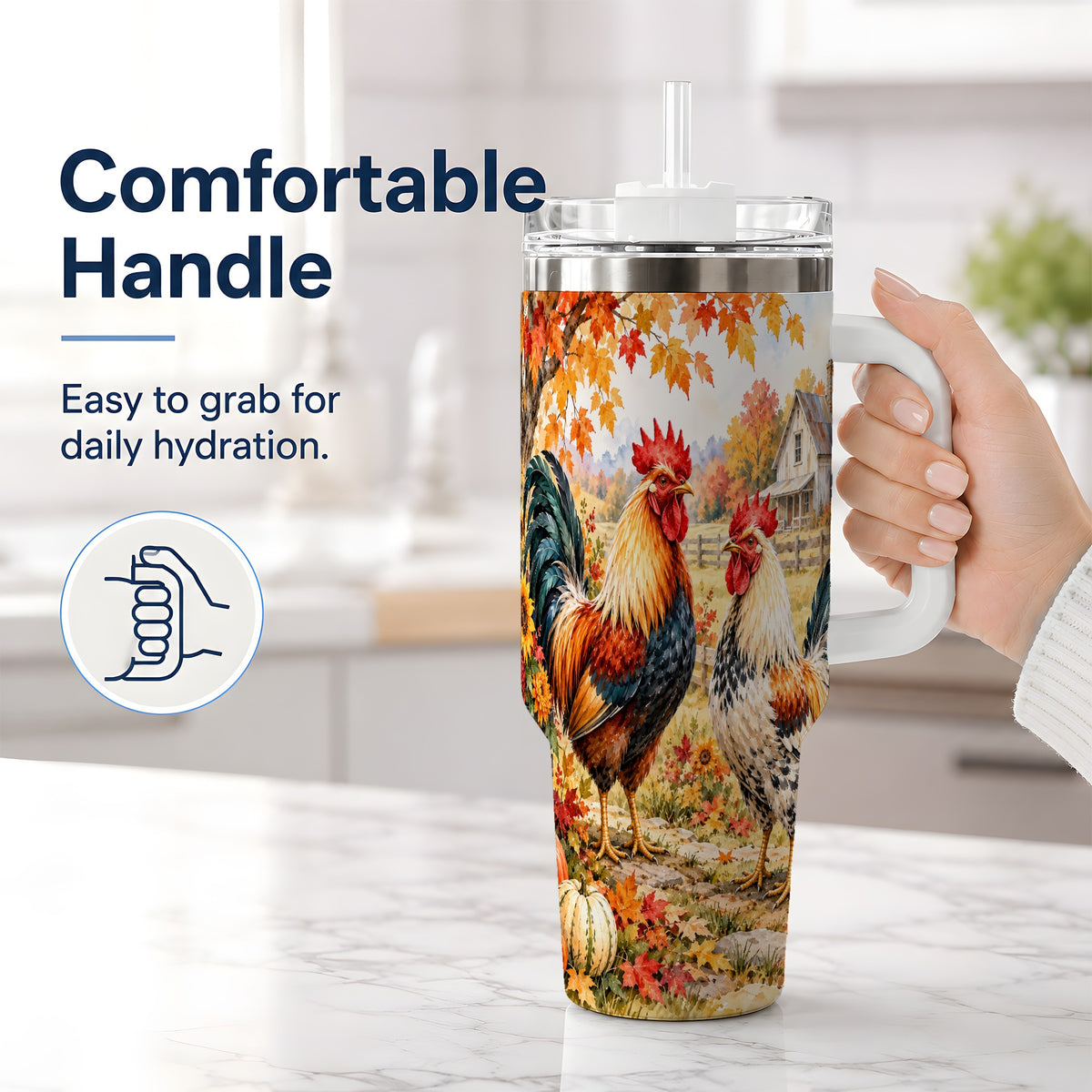 #pl[40oz|White] Autumn Rooster 40oz Tumbler with Farmhouse Pumpkin and Fall Leaf Artwork