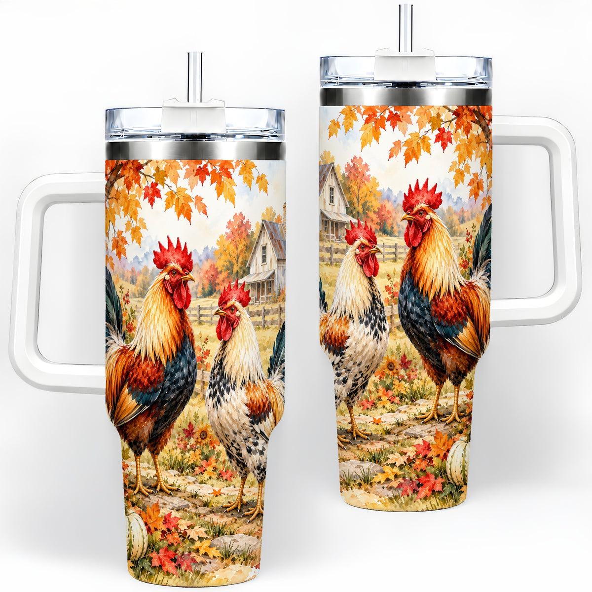 Autumn Rooster 40oz Tumbler with Farmhouse Pumpkin and Fall Leaf Artwork