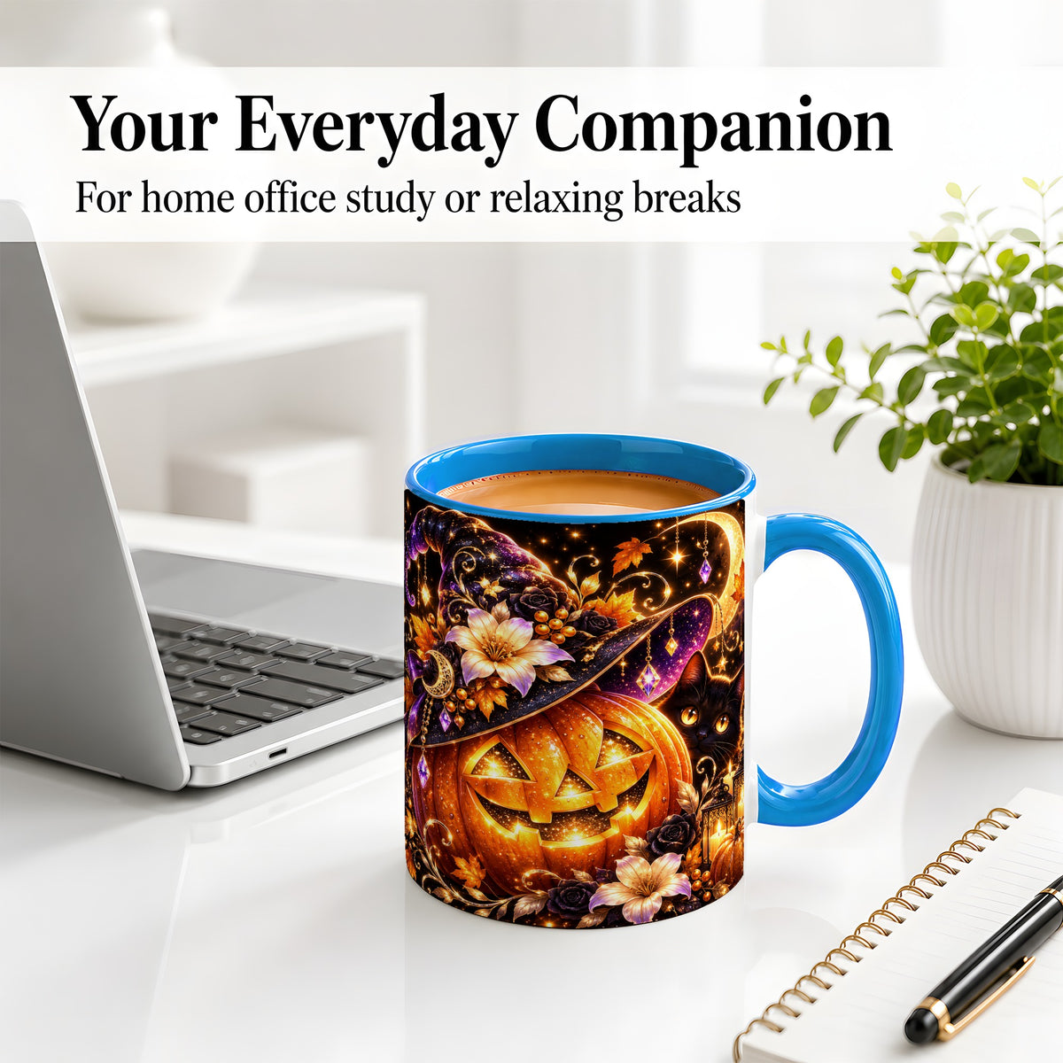 #pl[11oz|Blue] Halloween Cat Ceramic Mug with Pumpkin, Witch Hat and Moon Artwork