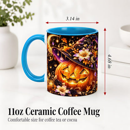 #pl[11oz|Blue] Halloween Cat Ceramic Mug with Pumpkin, Witch Hat and Moon Artwork