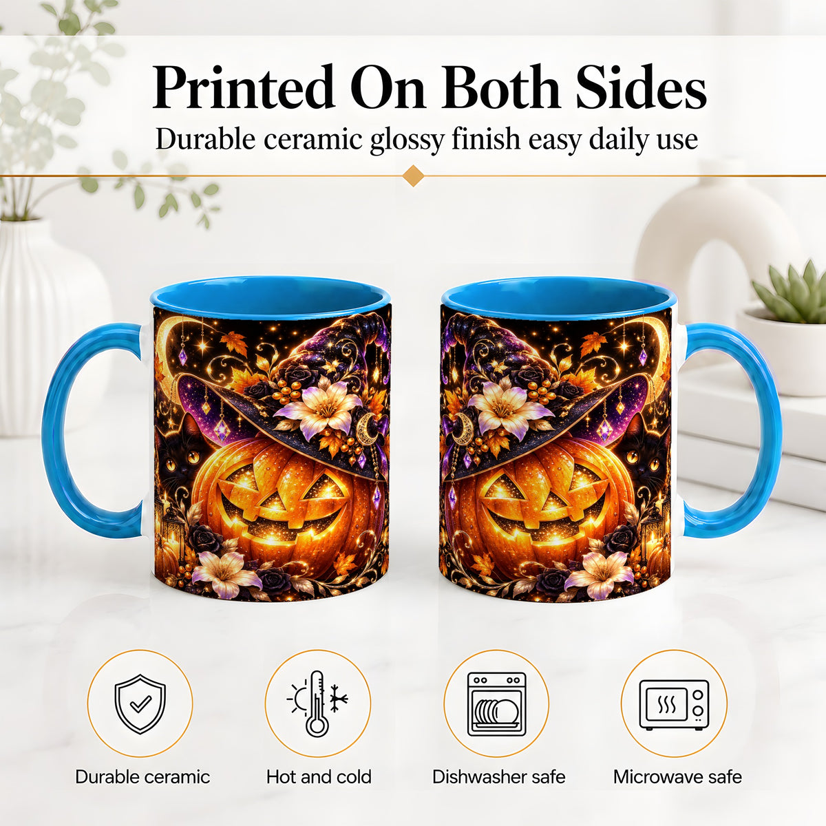 #pl[11oz|Blue] Halloween Cat Ceramic Mug with Pumpkin, Witch Hat and Moon Artwork