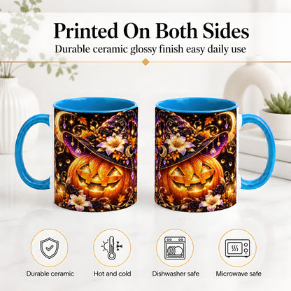 #pl[11oz|Blue] Halloween Cat Ceramic Mug with Pumpkin, Witch Hat and Moon Artwork