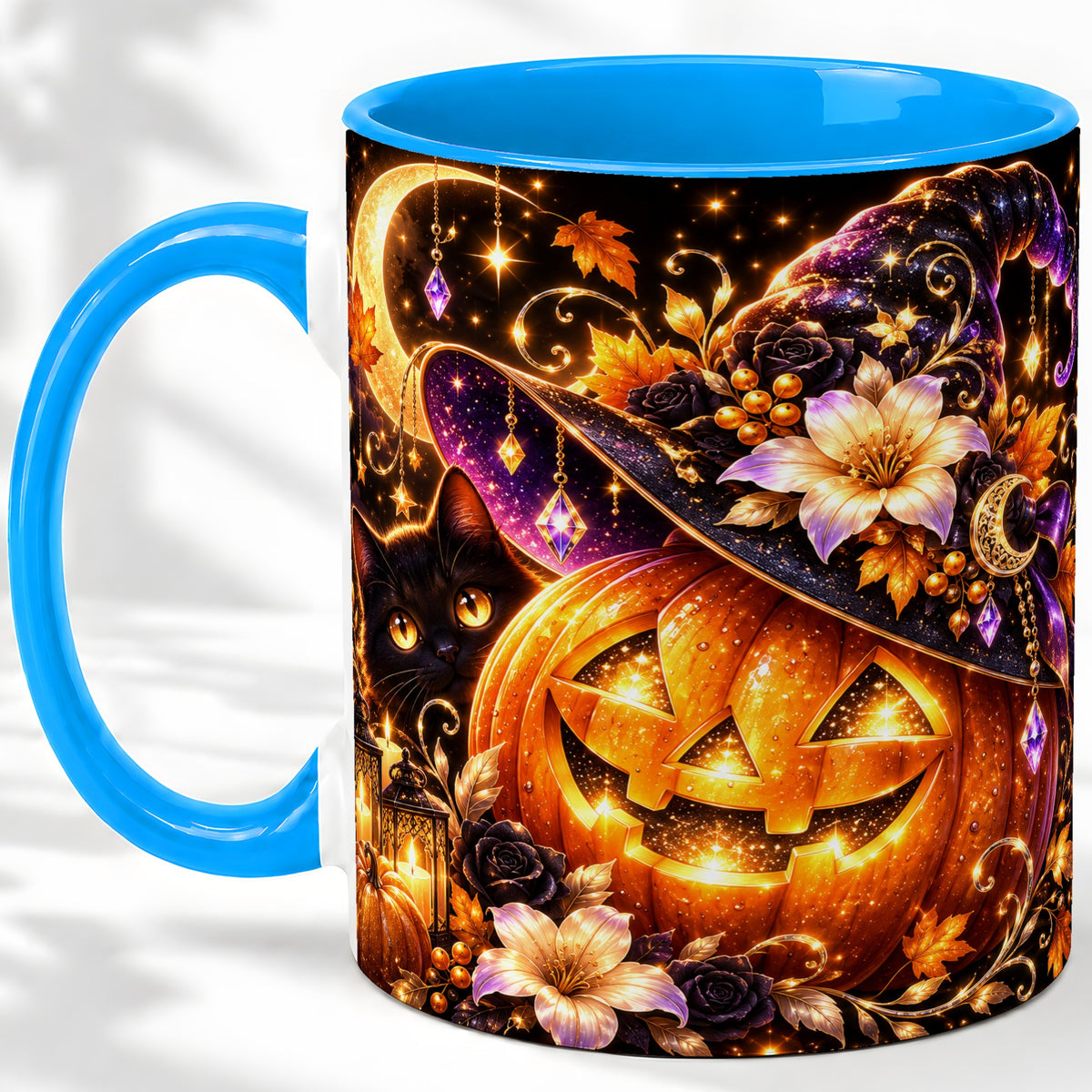 #pl[11oz|Blue] Halloween Cat Ceramic Mug with Pumpkin, Witch Hat and Moon Artwork