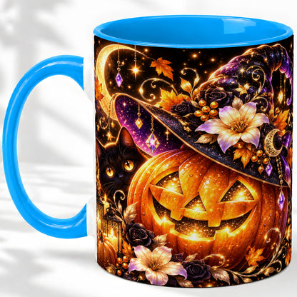 #pl[11oz|Blue] Halloween Cat Ceramic Mug with Pumpkin, Witch Hat and Moon Artwork