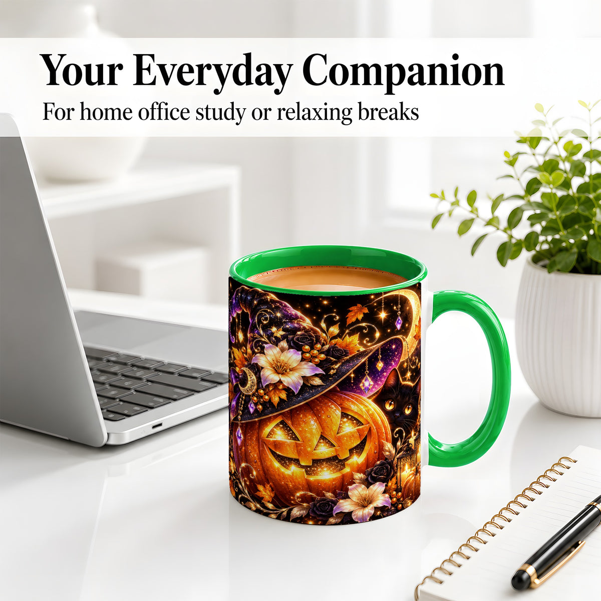 #pl[11oz|Green] Halloween Cat Ceramic Mug with Pumpkin, Witch Hat and Moon Artwork