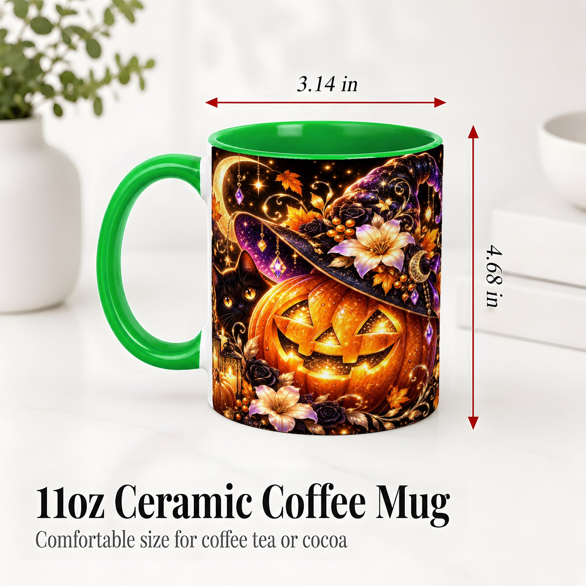 #pl[11oz|Green] Halloween Cat Ceramic Mug with Pumpkin, Witch Hat and Moon Artwork