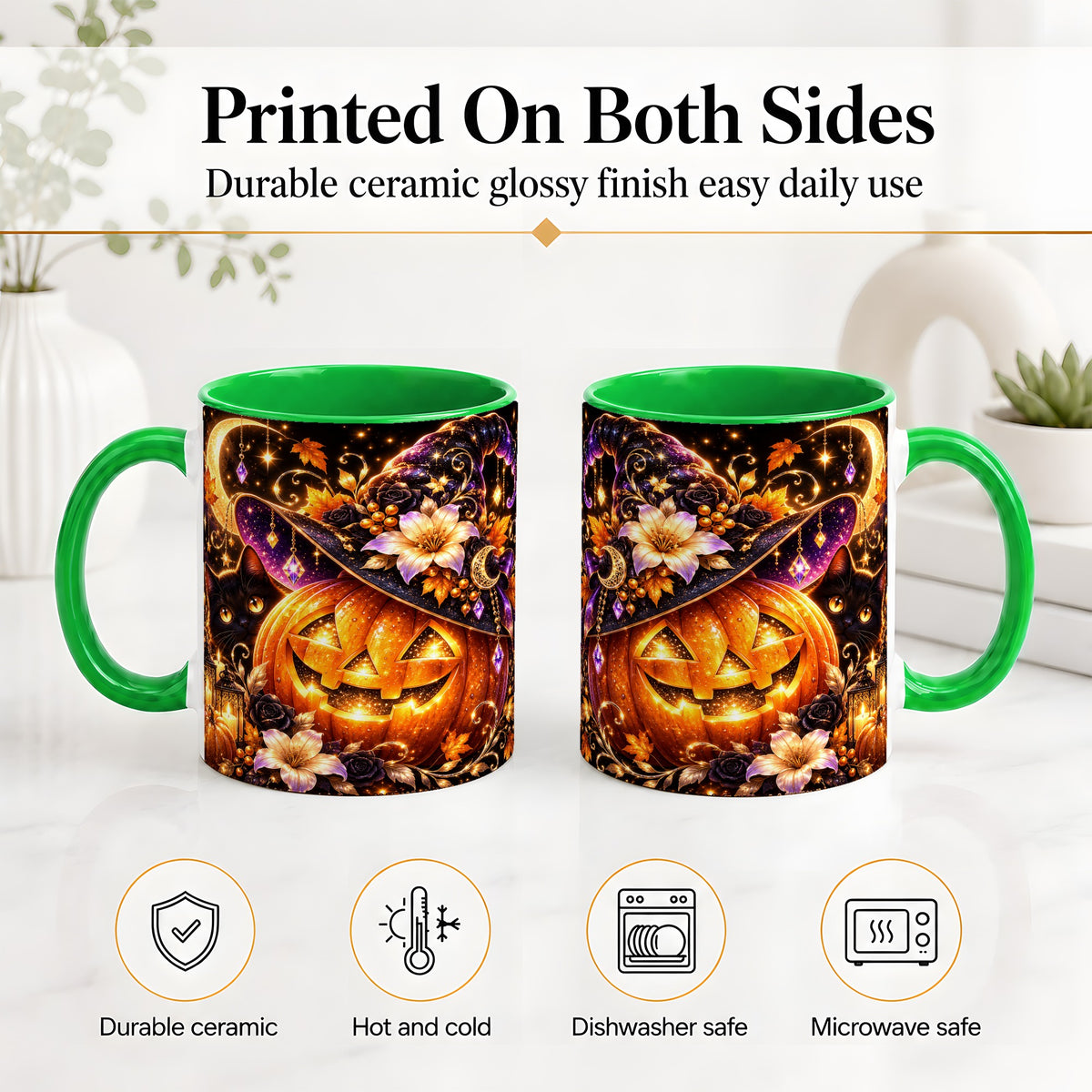 #pl[11oz|Green] Halloween Cat Ceramic Mug with Pumpkin, Witch Hat and Moon Artwork