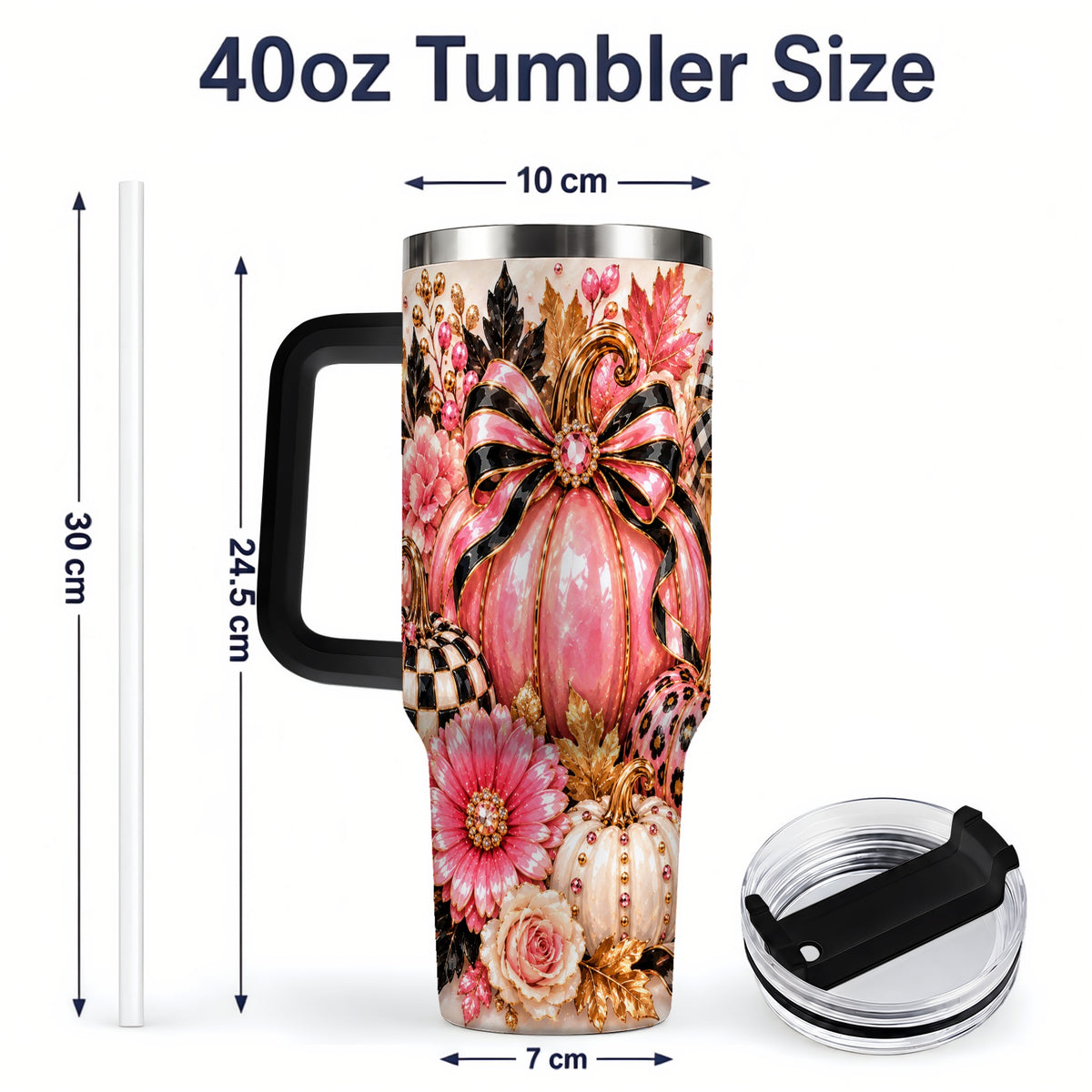 #pl[40oz|Black] Pink Pumpkin 40oz Tumbler with Bow, Floral and Checkered Fall Artwork