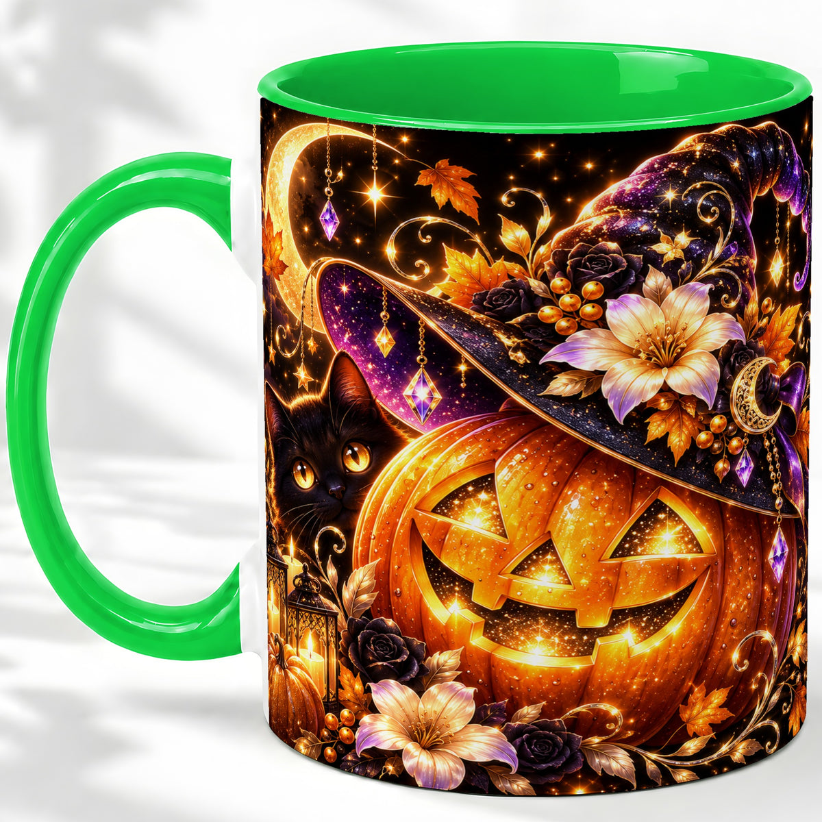 #pl[11oz|Green] Halloween Cat Ceramic Mug with Pumpkin, Witch Hat and Moon Artwork