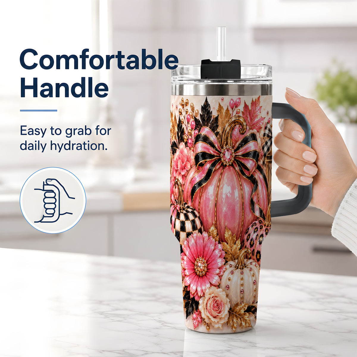 #pl[40oz|Black] Pink Pumpkin 40oz Tumbler with Bow, Floral and Checkered Fall Artwork