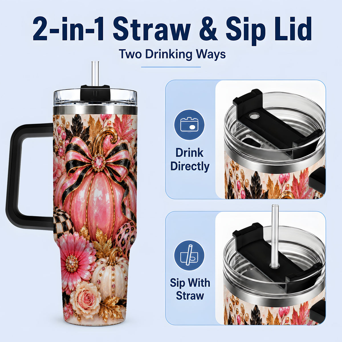 #pl[40oz|Black] Pink Pumpkin 40oz Tumbler with Bow, Floral and Checkered Fall Artwork