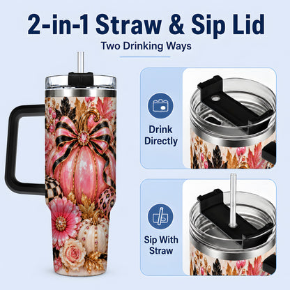 #pl[40oz|Black] Pink Pumpkin 40oz Tumbler with Bow, Floral and Checkered Fall Artwork