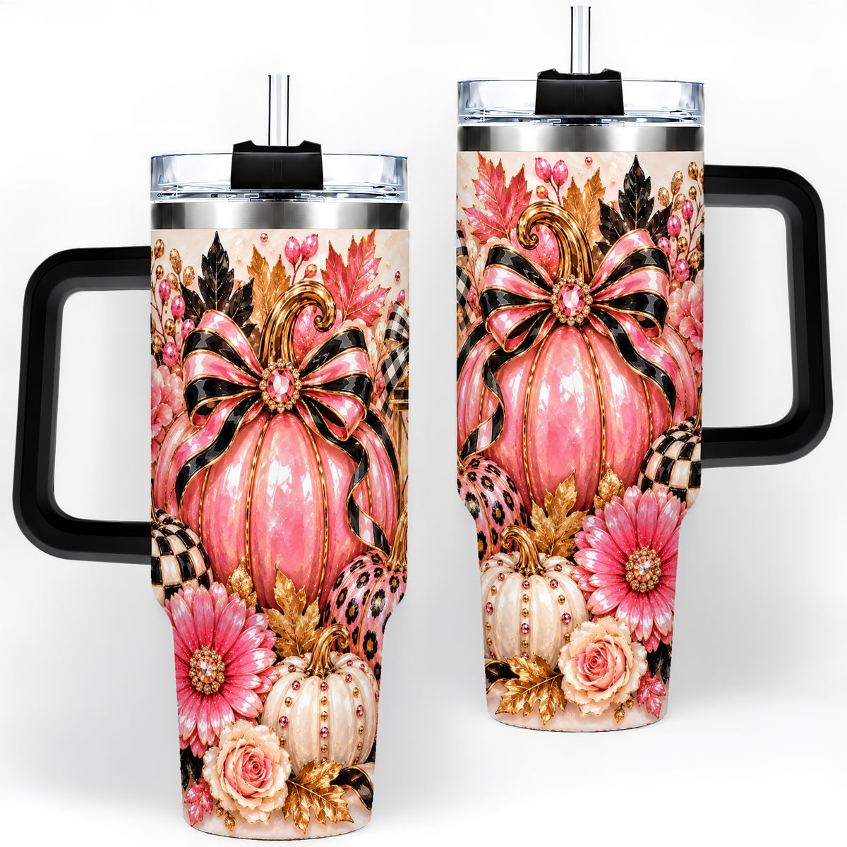 #pl[40oz|Black] Pink Pumpkin 40oz Tumbler with Bow, Floral and Checkered Fall Artwork