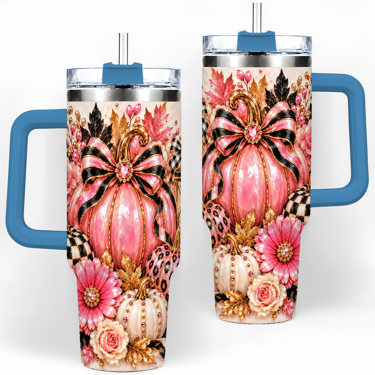 #pl[40oz|Blue] Pink Pumpkin 40oz Tumbler with Bow, Floral and Checkered Fall Artwork