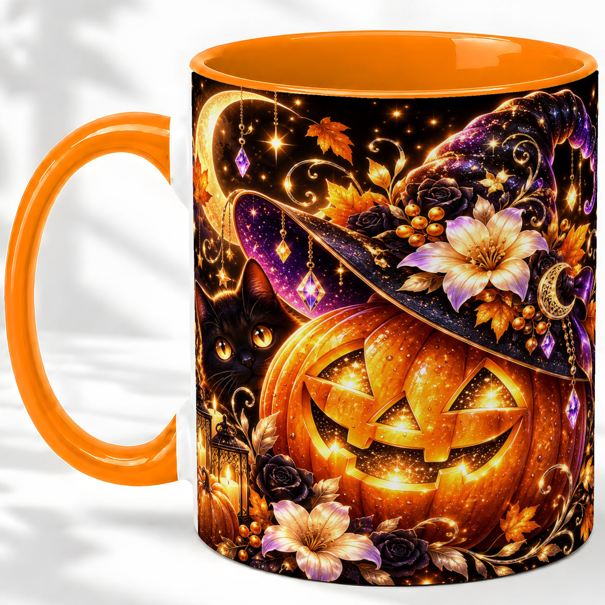 #pl[11oz|Orange] Halloween Cat Ceramic Mug with Pumpkin, Witch Hat and Moon Artwork
