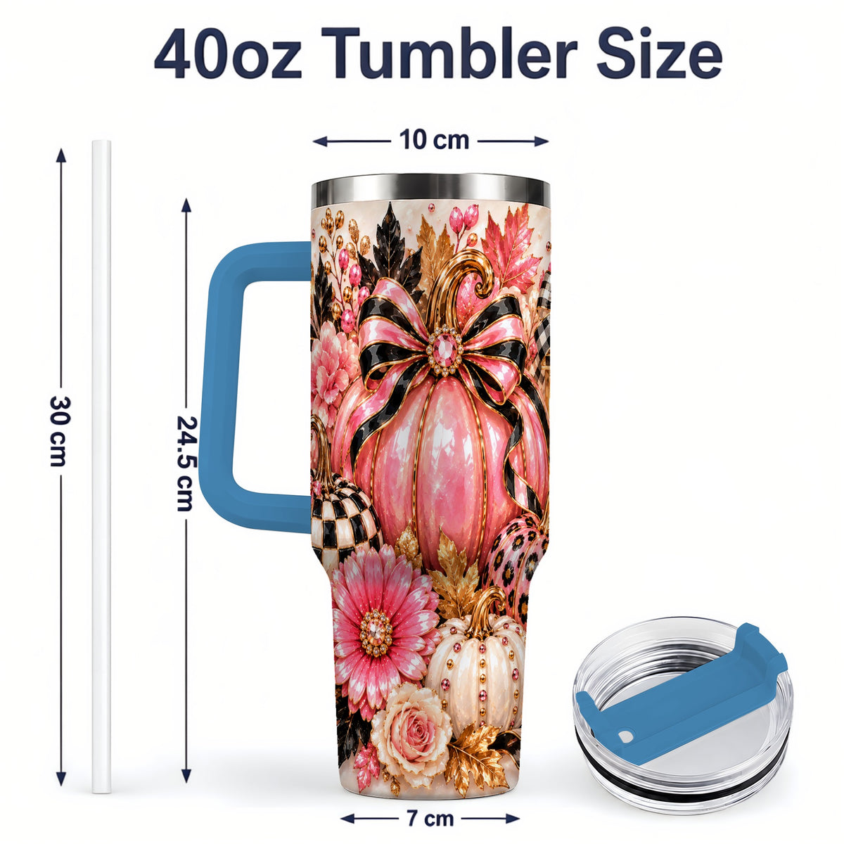 #pl[40oz|Blue] Pink Pumpkin 40oz Tumbler with Bow, Floral and Checkered Fall Artwork