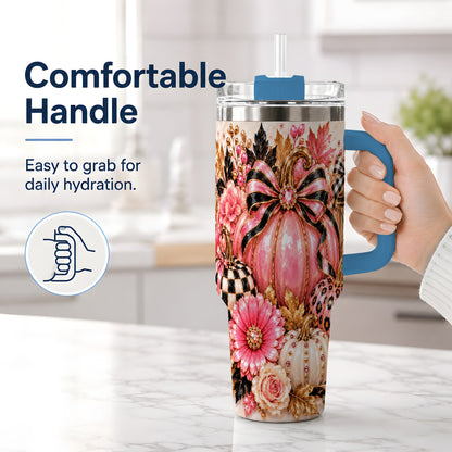 #pl[40oz|Blue] Pink Pumpkin 40oz Tumbler with Bow, Floral and Checkered Fall Artwork