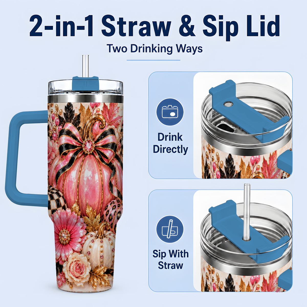 #pl[40oz|Blue] Pink Pumpkin 40oz Tumbler with Bow, Floral and Checkered Fall Artwork