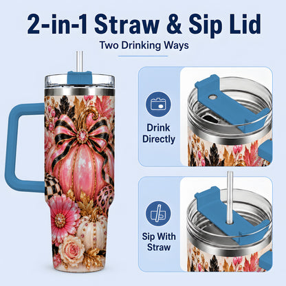 #pl[40oz|Blue] Pink Pumpkin 40oz Tumbler with Bow, Floral and Checkered Fall Artwork