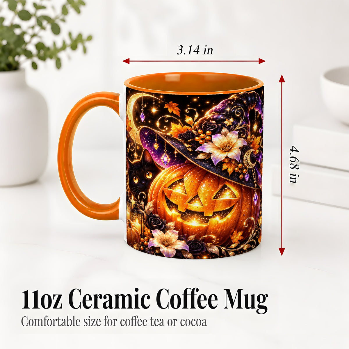 #pl[11oz|Orange] Halloween Cat Ceramic Mug with Pumpkin, Witch Hat and Moon Artwork