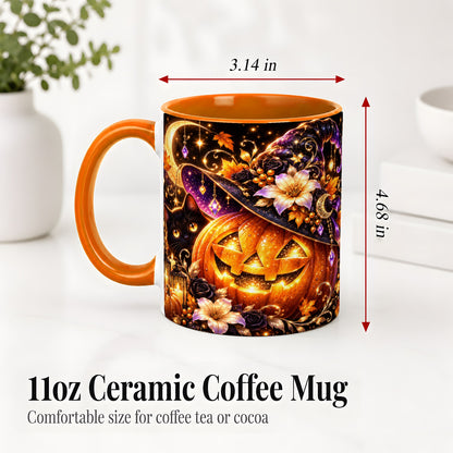 #pl[11oz|Orange] Halloween Cat Ceramic Mug with Pumpkin, Witch Hat and Moon Artwork