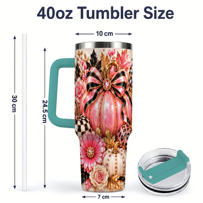 #pl[40oz|Green] Pink Pumpkin 40oz Tumbler with Bow, Floral and Checkered Fall Artwork