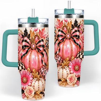 #pl[40oz|Green] Pink Pumpkin 40oz Tumbler with Bow, Floral and Checkered Fall Artwork