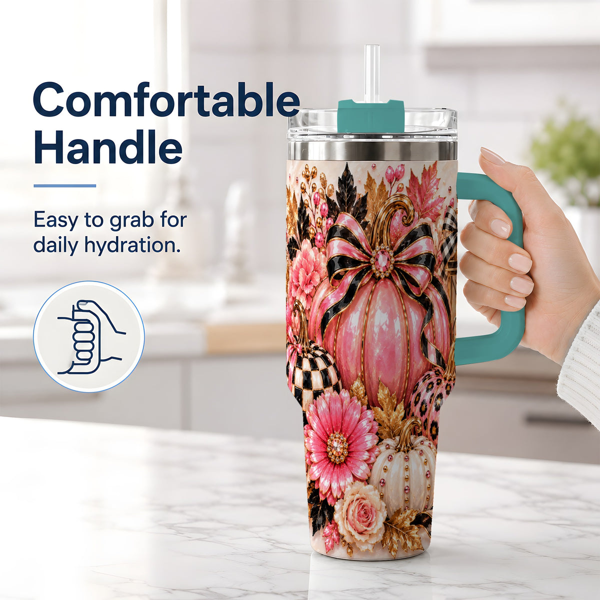 #pl[40oz|Green] Pink Pumpkin 40oz Tumbler with Bow, Floral and Checkered Fall Artwork