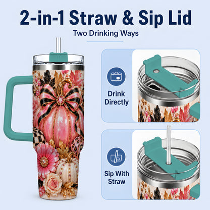 #pl[40oz|Green] Pink Pumpkin 40oz Tumbler with Bow, Floral and Checkered Fall Artwork