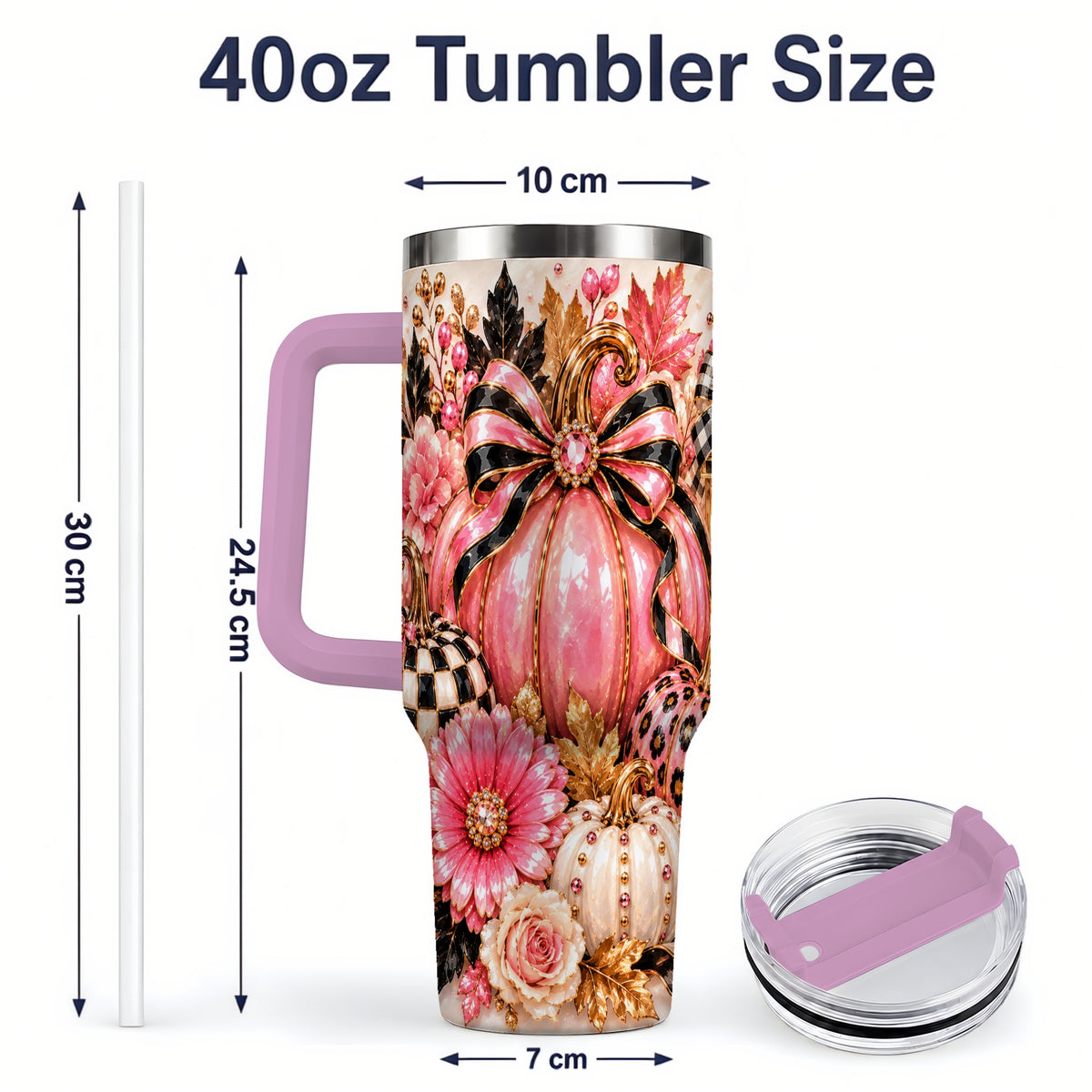 #pl[40oz|Pink] Pink Pumpkin 40oz Tumbler with Bow, Floral and Checkered Fall Artwork