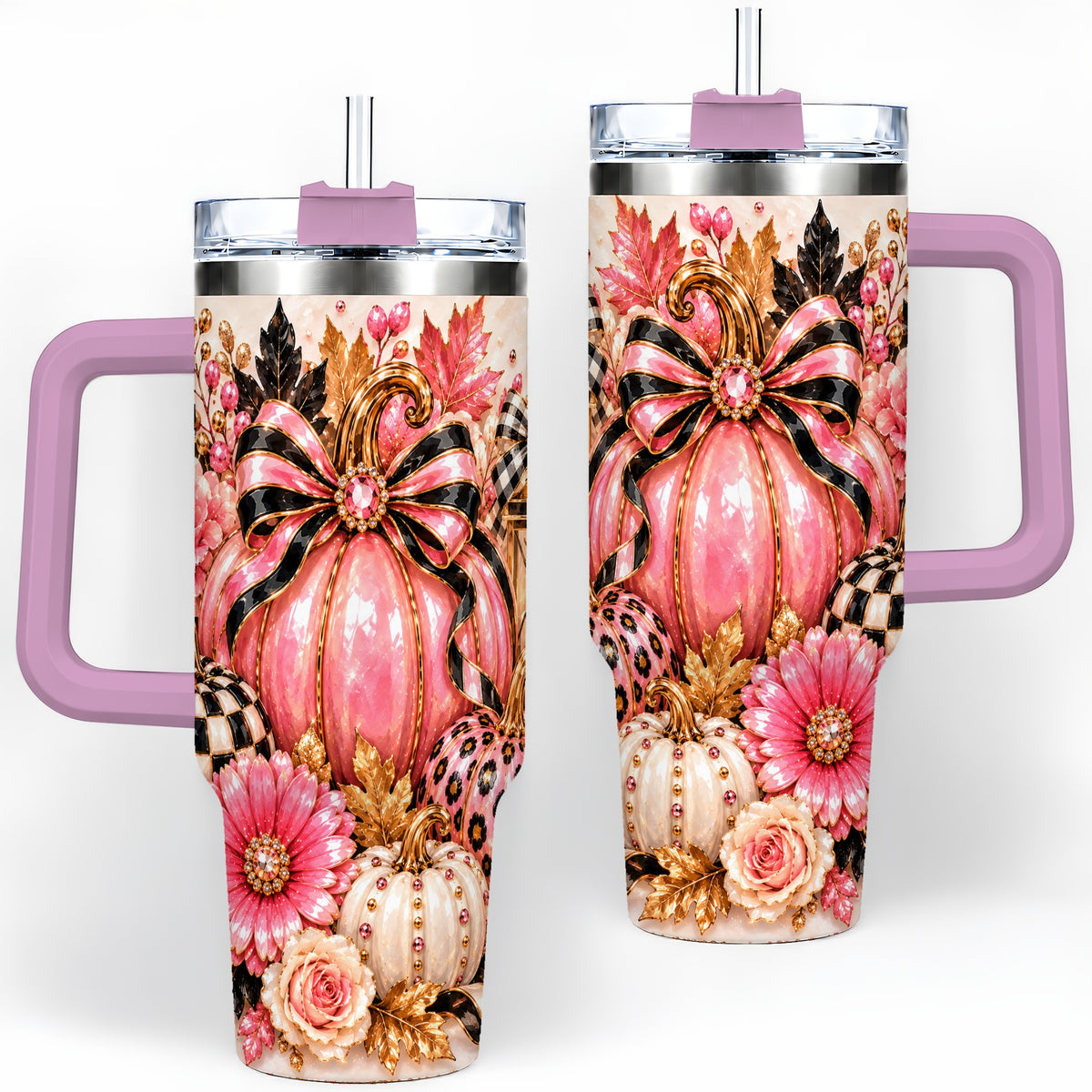 #pl[40oz|Pink] Pink Pumpkin 40oz Tumbler with Bow, Floral and Checkered Fall Artwork