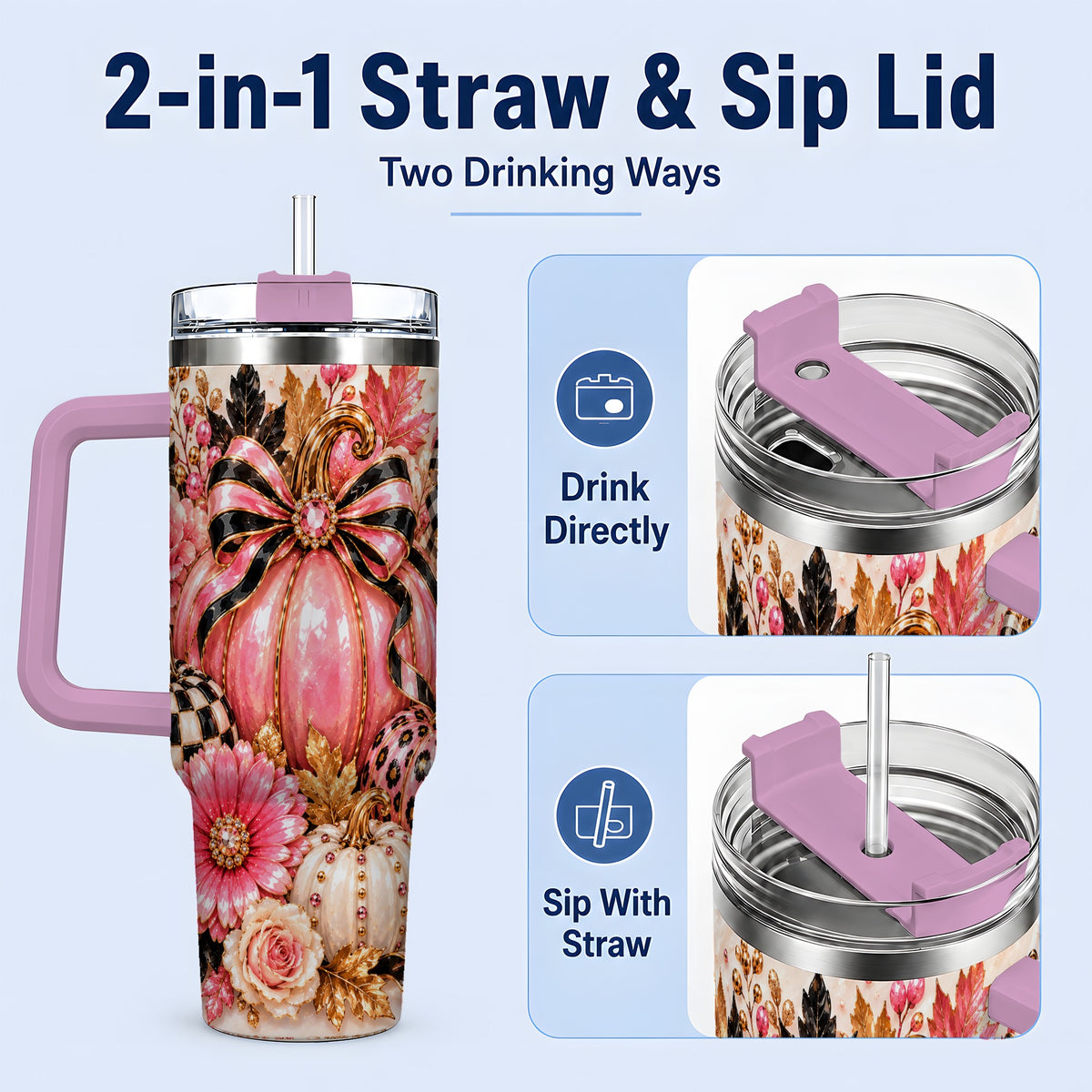 #pl[40oz|Pink] Pink Pumpkin 40oz Tumbler with Bow, Floral and Checkered Fall Artwork