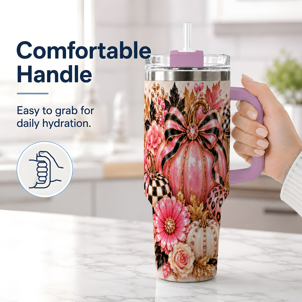 #pl[40oz|Pink] Pink Pumpkin 40oz Tumbler with Bow, Floral and Checkered Fall Artwork