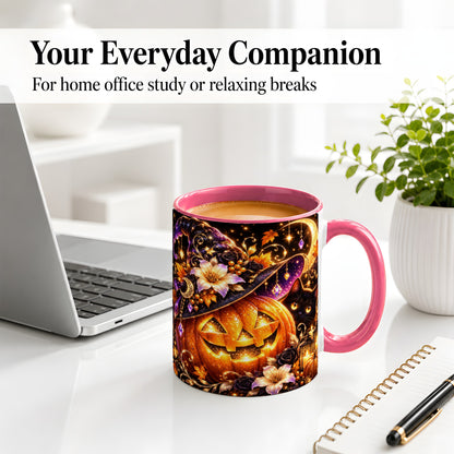 #pl[11oz|Pink] Halloween Cat Ceramic Mug with Pumpkin, Witch Hat and Moon Artwork